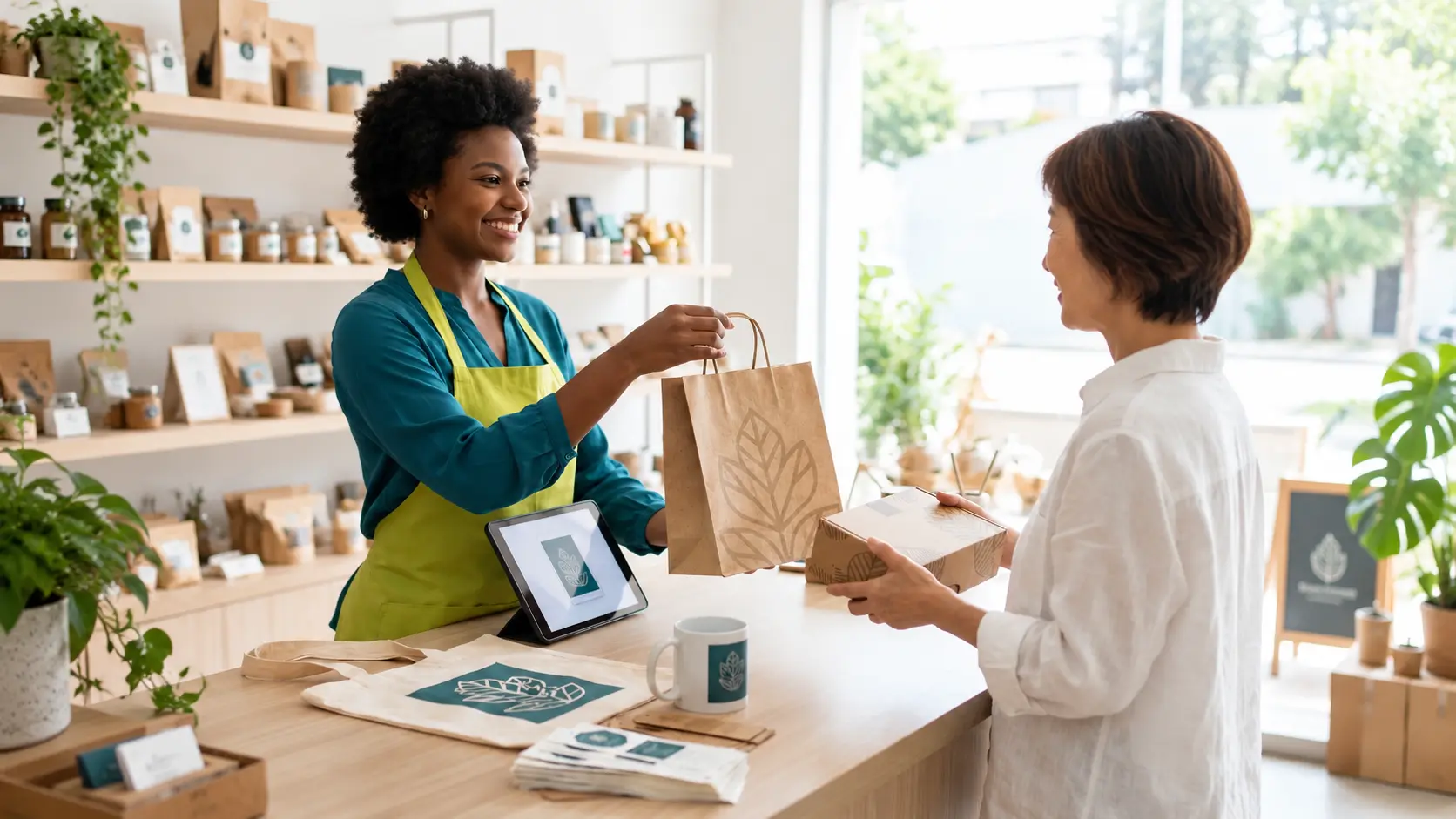 Attendant hands a custom paper bag to a store customer, with a branded box, tote and mug on the counter